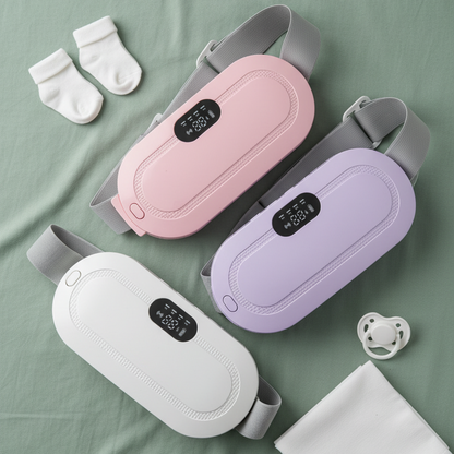 Postpartum Period Pain Heating Belt in pink, white and purple - sage green flat lay
