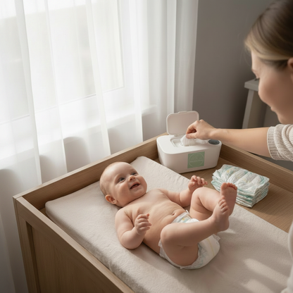 Baby with one mom and branded wipe warmer