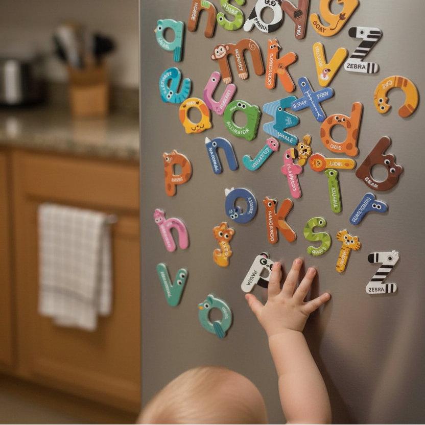 A child's hand reaches for colorful alphabet and animal-shaped refrigerator magnets on a gray fridge in a warm kitchen setting.