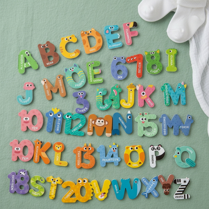 Colorful alphabet and number fridge magnets arranged on a mint green fabric background, with white baby socks in the top right corner.